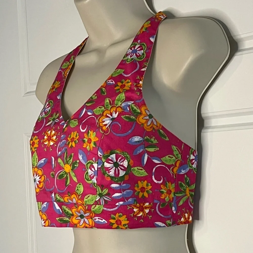 Vintage Y2K My Michelle Pink Floral Print Cropped V Neck Halter Top Retro 90’s S